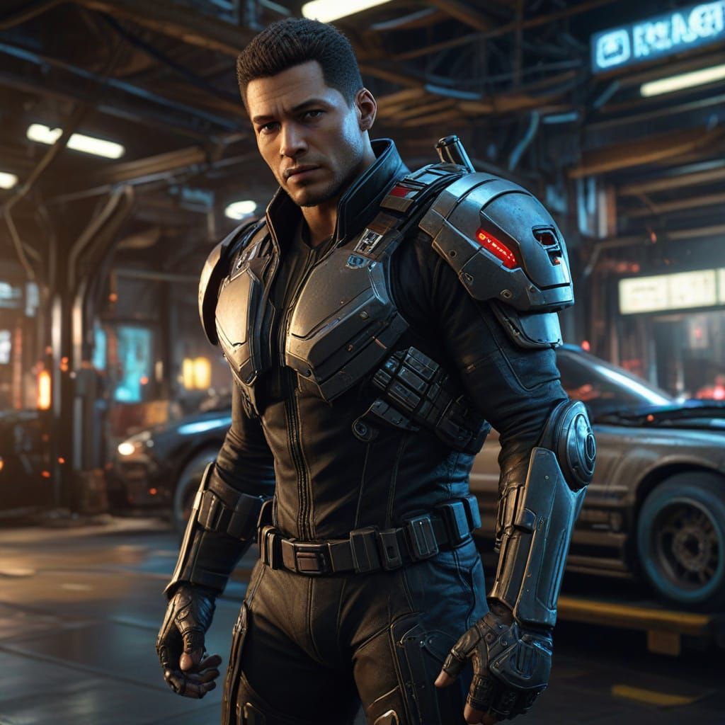 Cyberpunk Bounty Hunter in High-Tech Hangar