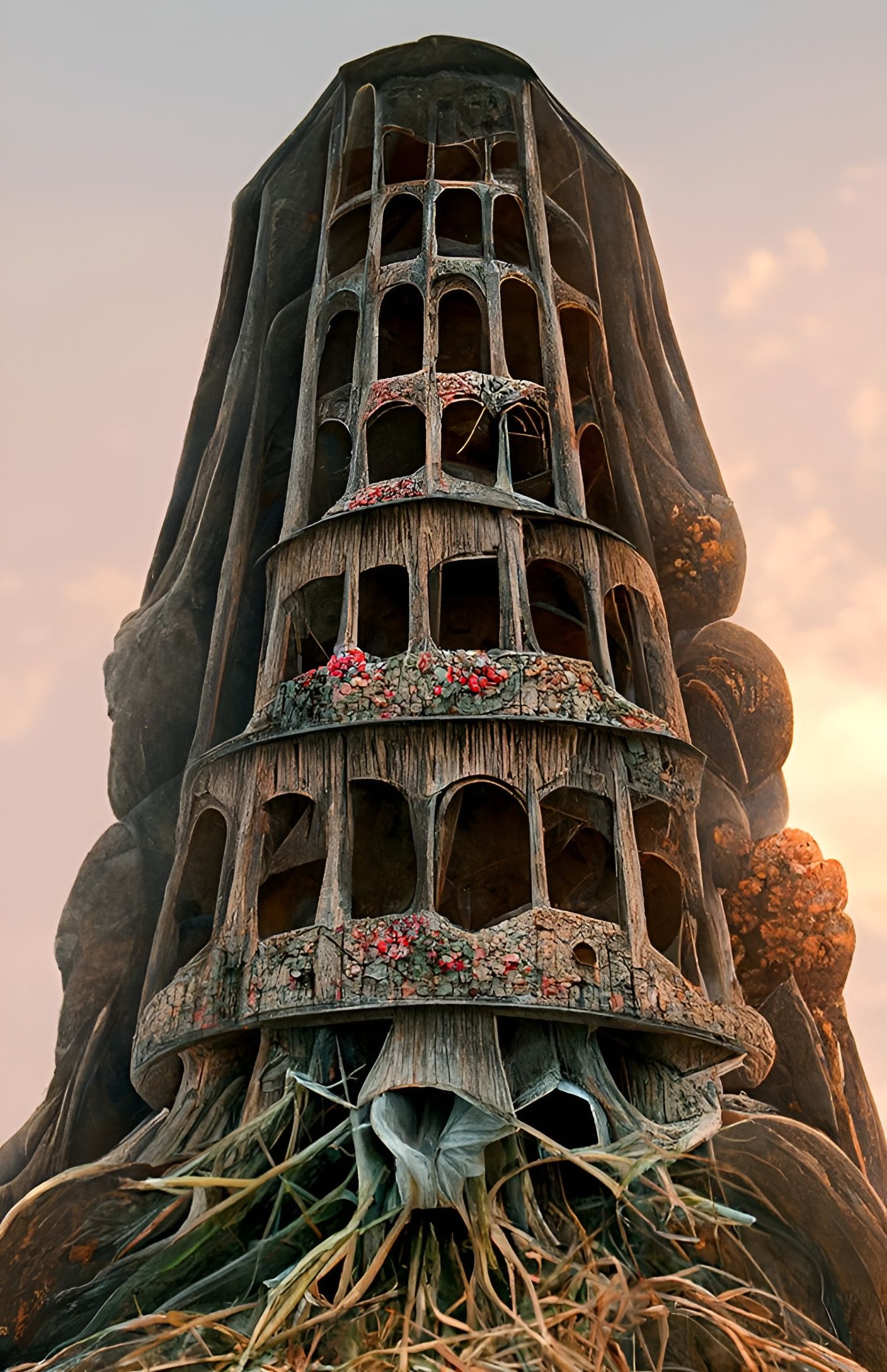Magical Tower with Flowers in Beksiński Style