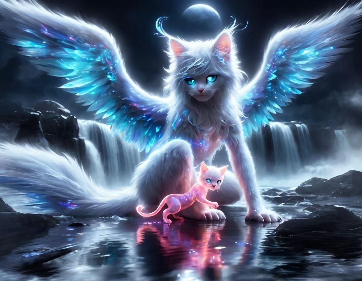 Holographic Cat Creature with Kitten Digital Art