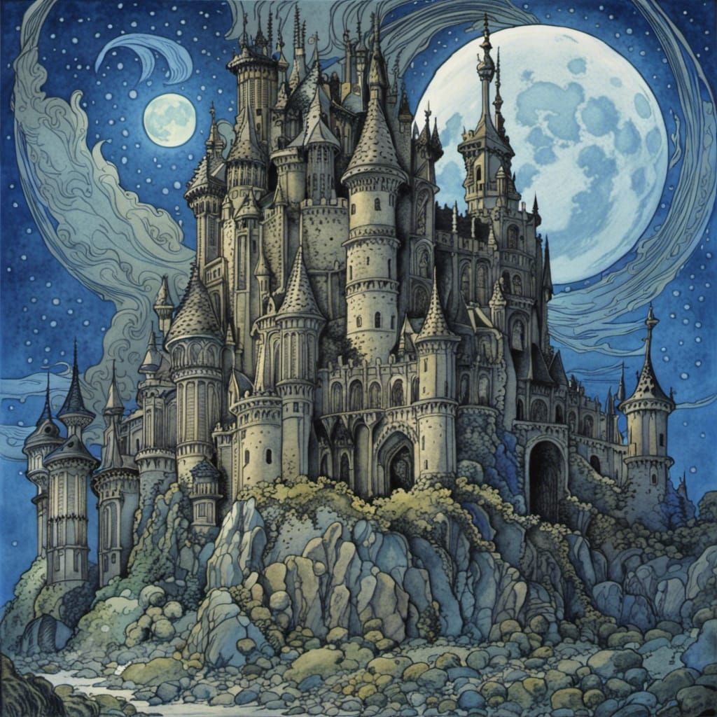 Ancient Castle Under Full Moon in Art Nouveau Style