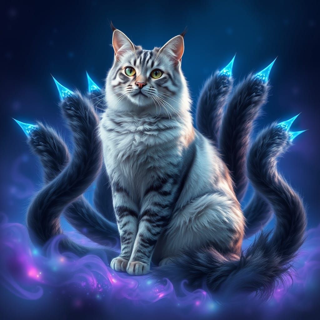 Magnificent Nine-Tailed Tabby Cat in Celestial Hues