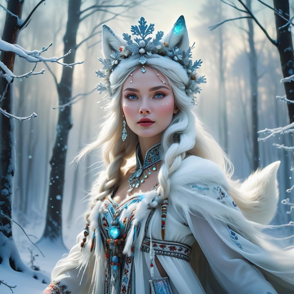 Russian Winter Fantasy: Magical Snow Fox Maiden in Winter Fo...