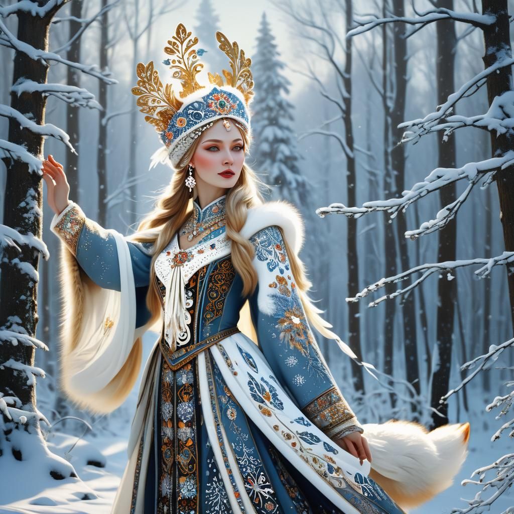 Snow Fox Maiden Dances in Winter Forest, Eastern European Fa...