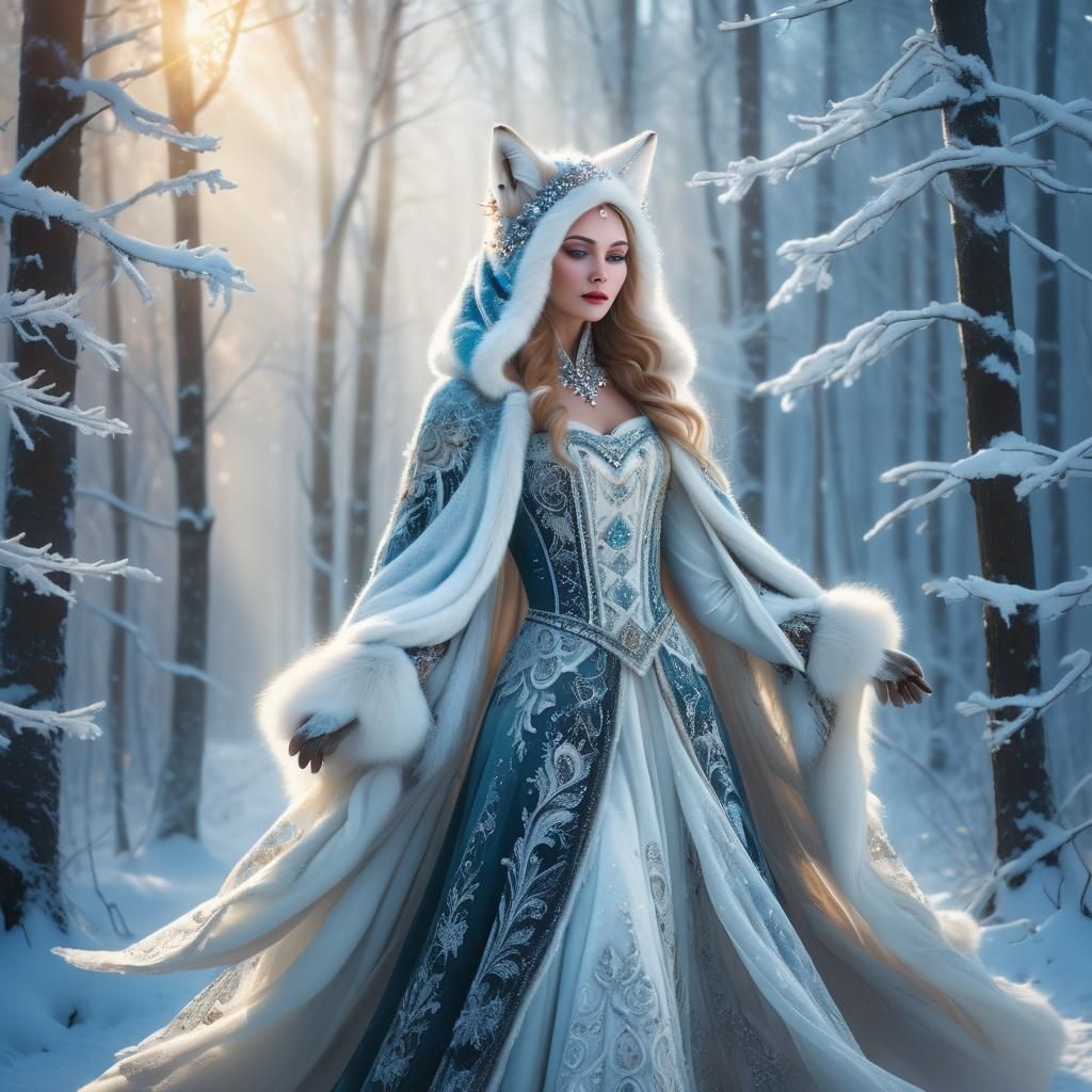 Enchanted Snow Maiden Dances in Winter Forest under Softbox...