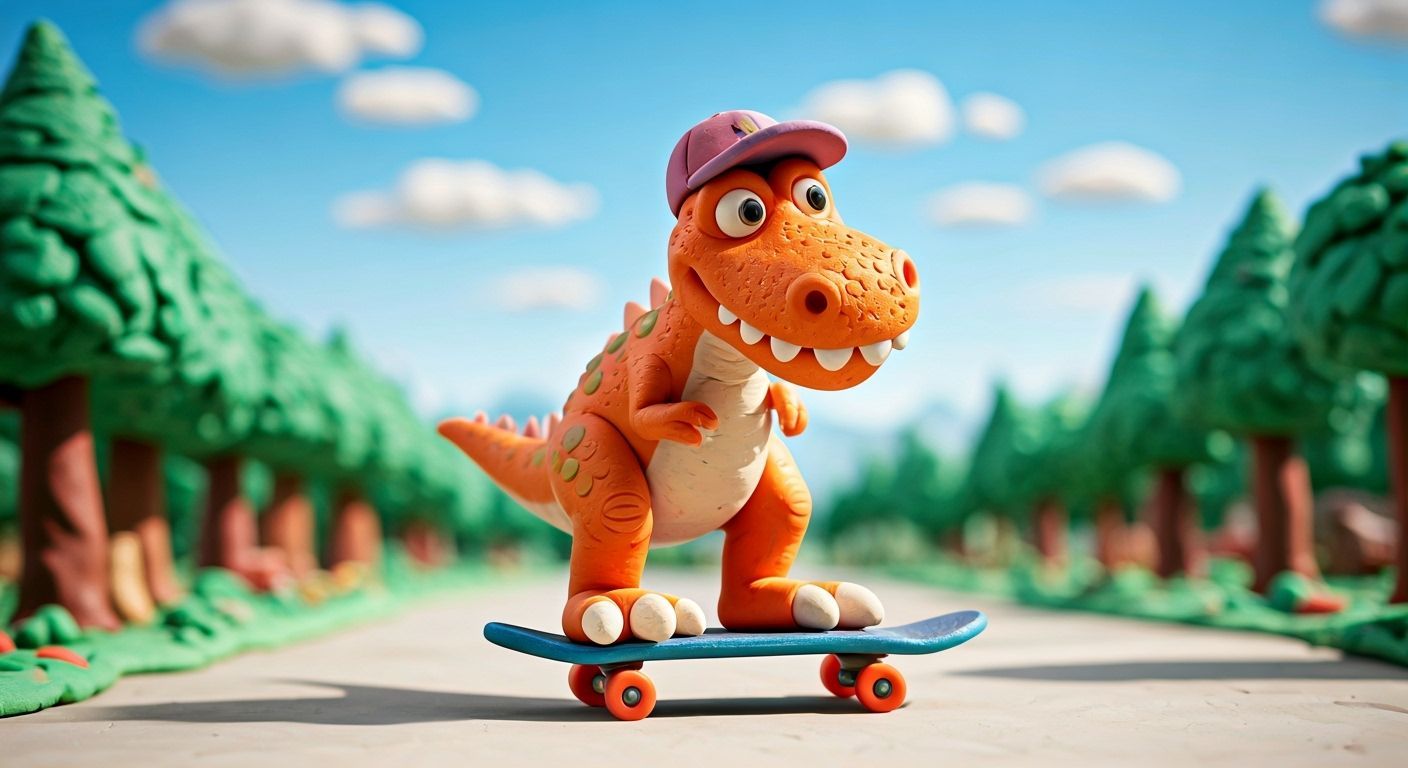 Claymation T-Rex Skateboarder on Sunny Street