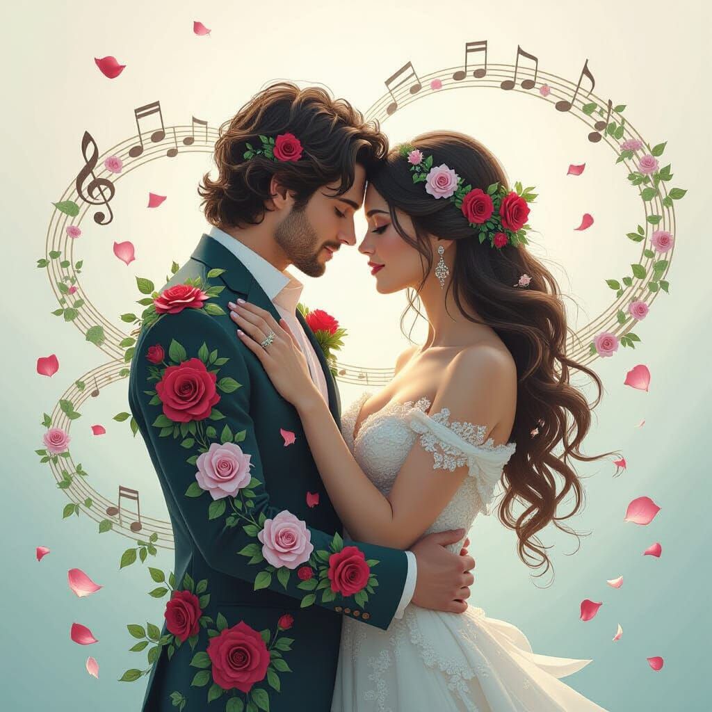 Floral Figures Embrace in Dreamlike Musical Landscape