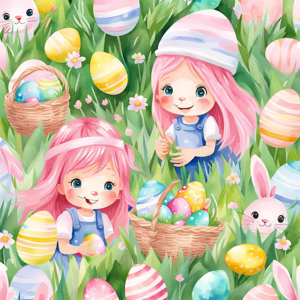Pink-Haired Girls Easter Egg Hunt in Watercolor