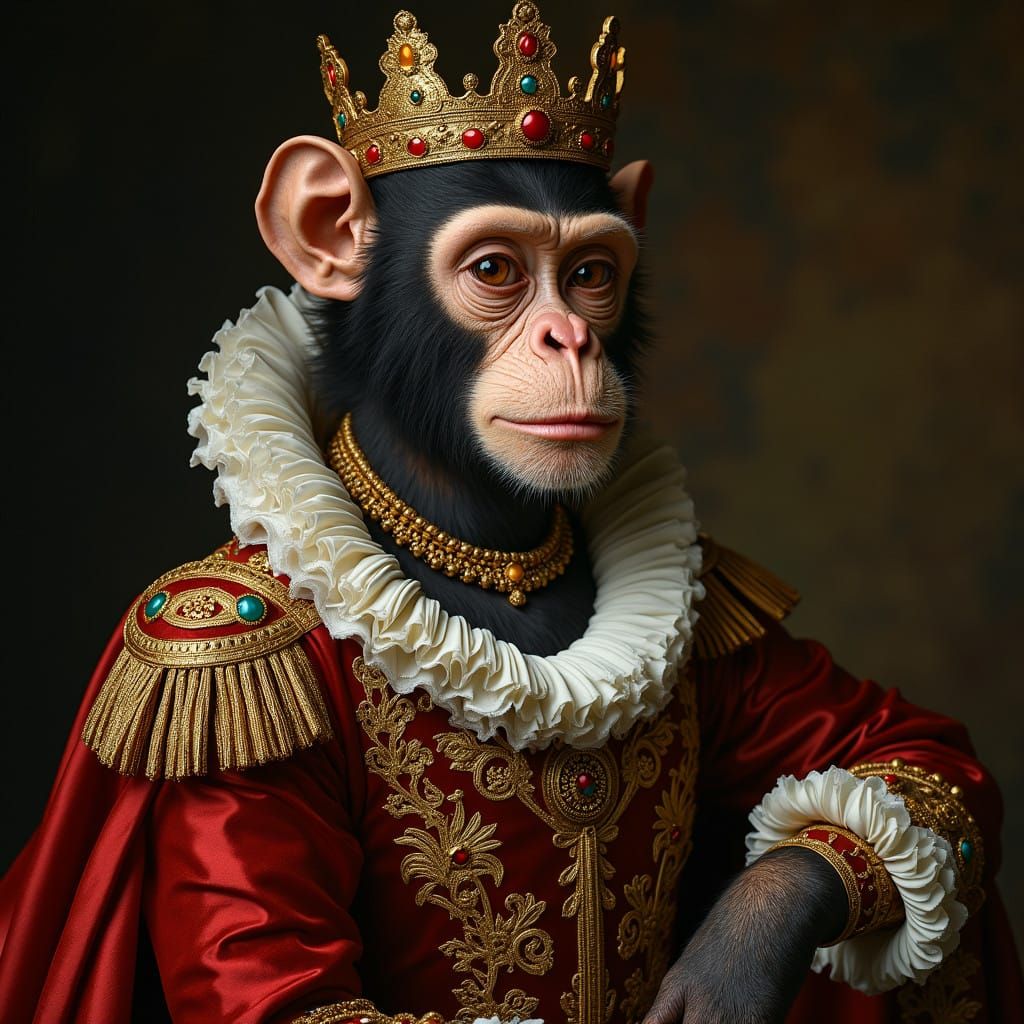 Female Monkey dressed in royal Renaissance clothing, intricate details, ultimate queen