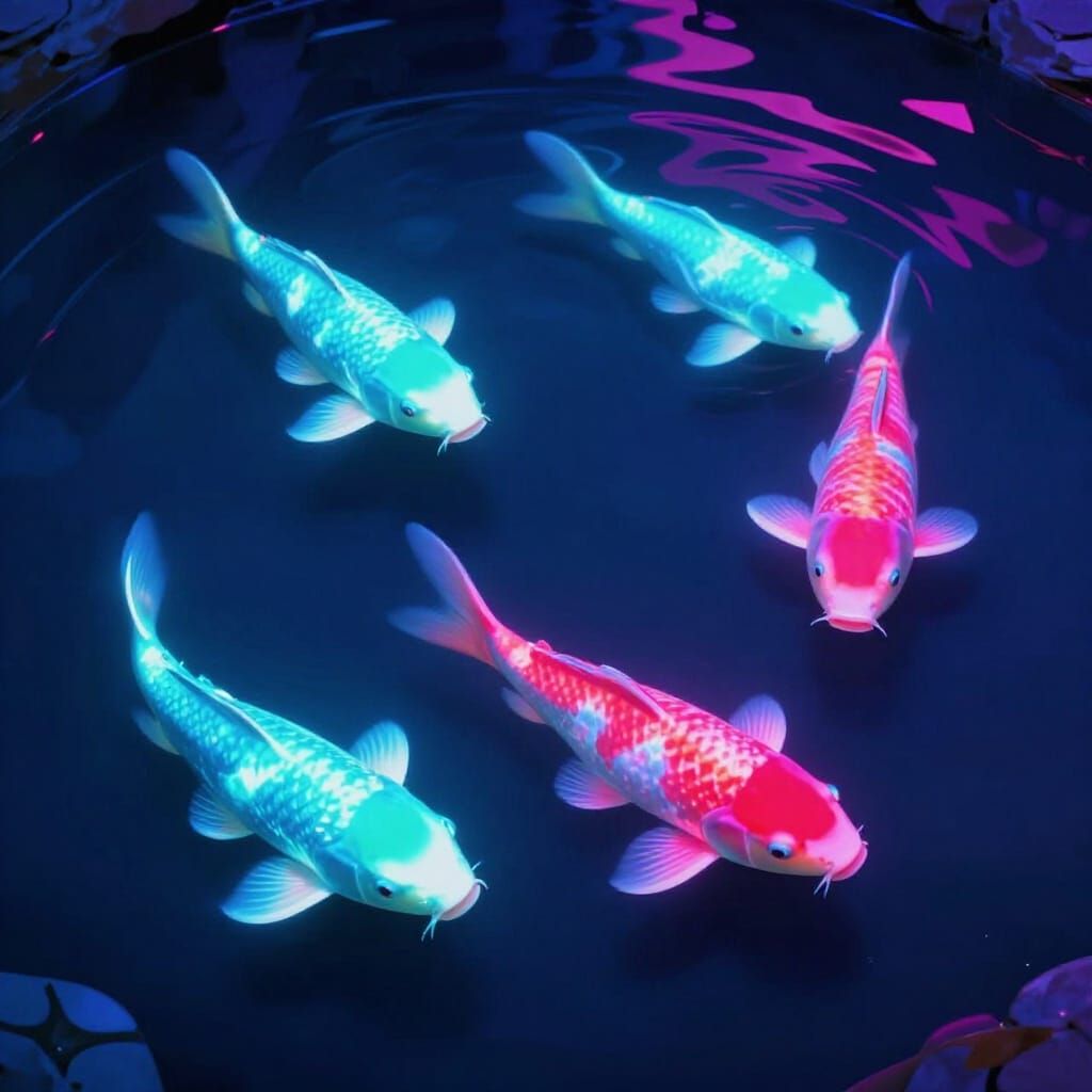 Glowing Neon Koi Fish in Synthwave Pond at Night