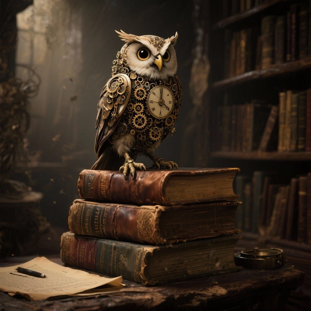 Clockwork Owl on Books in Dusty Library - Steampunk Art