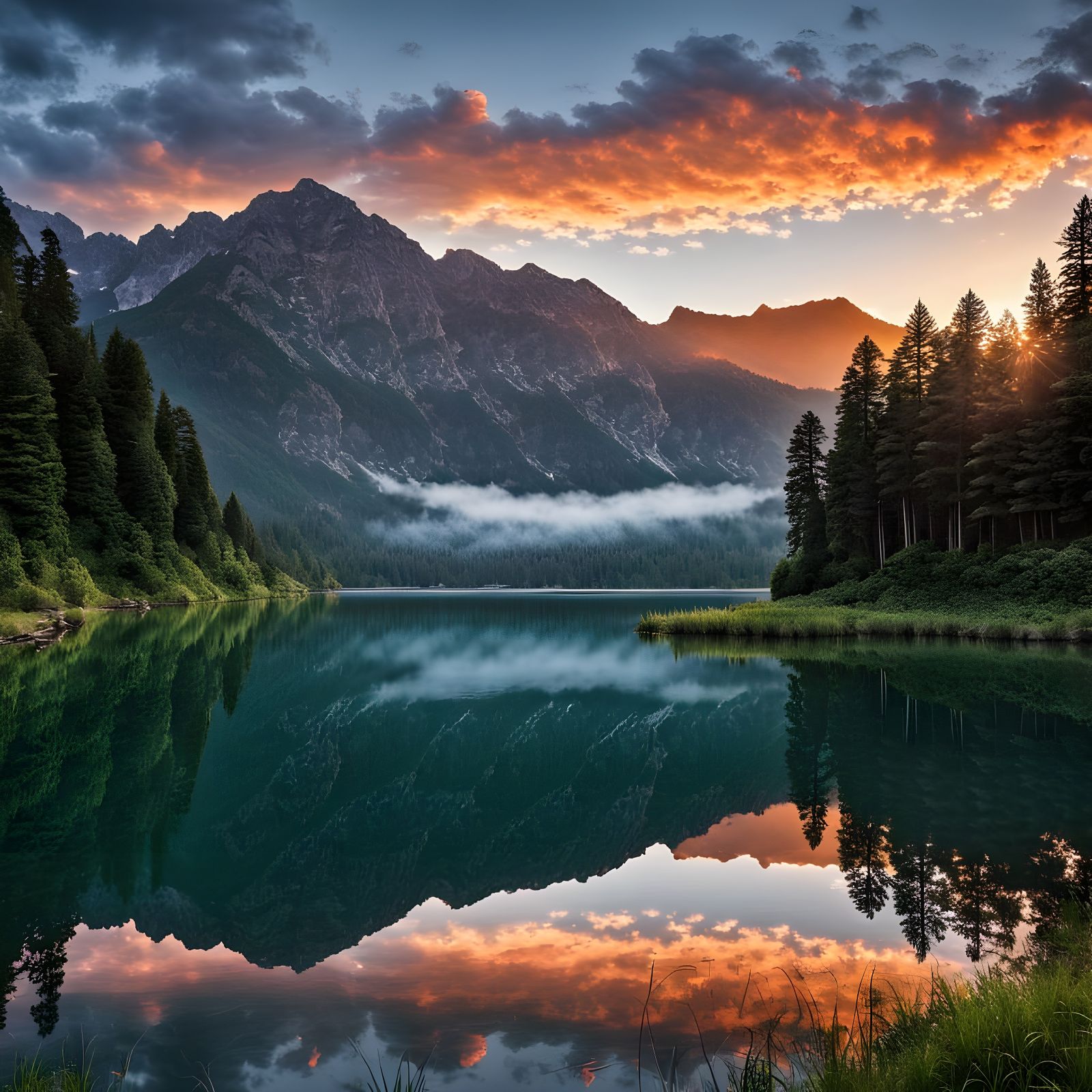 Spectacular Sunrise Over Mountain Lake and Forest