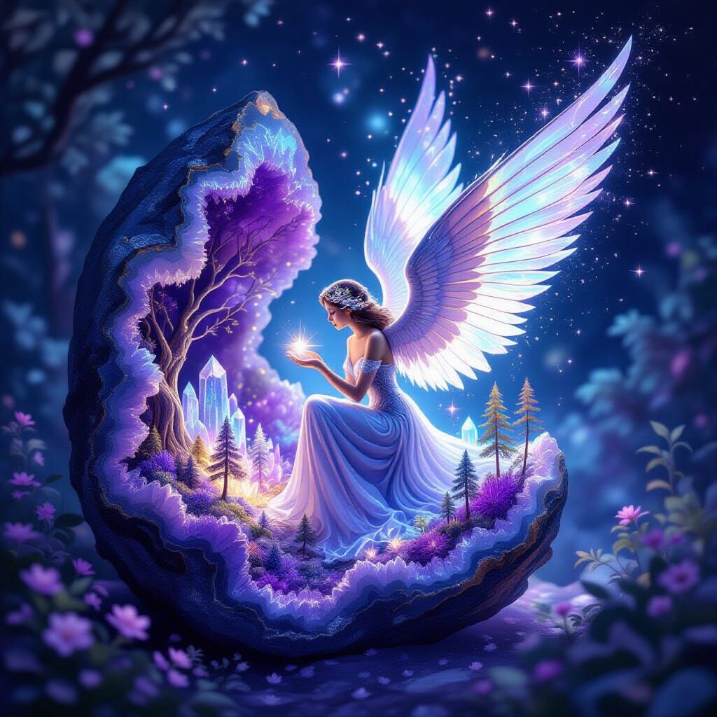 Starlight Angel Carves Enchanted Forest in Amethyst Geode