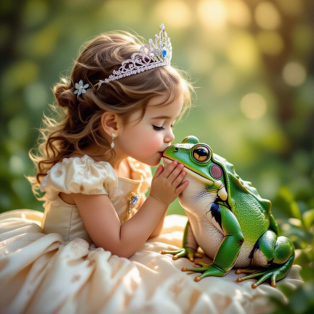 Princess Kisses Surprised Frog in Hyper-Realistic Style