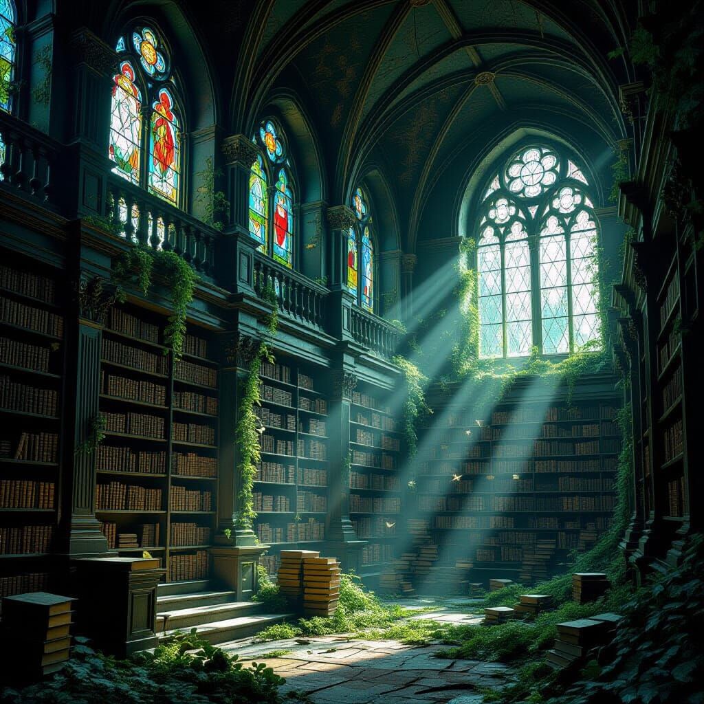 Moonlit Ancient Library Overgrown and Mysterious