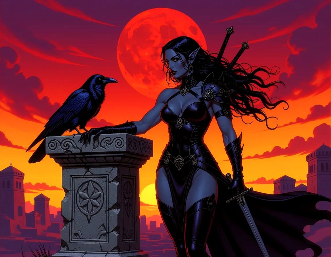 Drow Warrior Woman with Swords and Raven