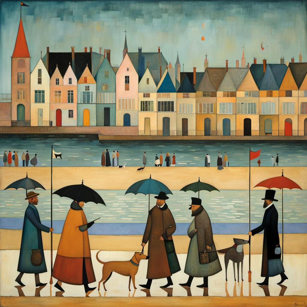 Dog Walker at Victorian Seafront, in Style of Klee
