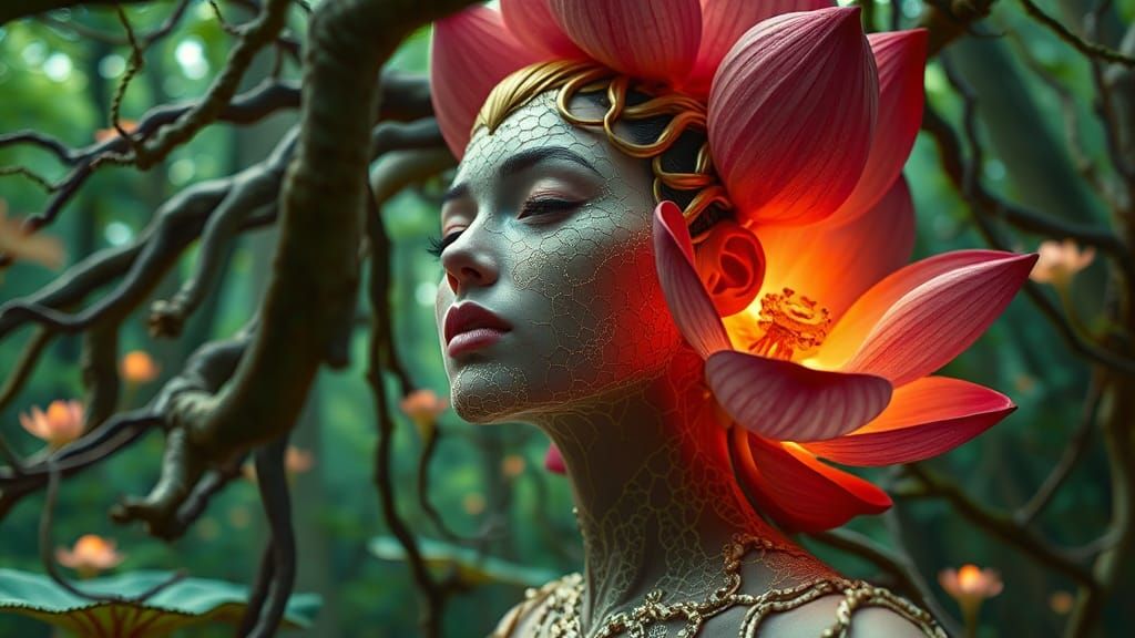 Lotus-Human Hybrid in Mycelium Network: Fashion Magazine Art