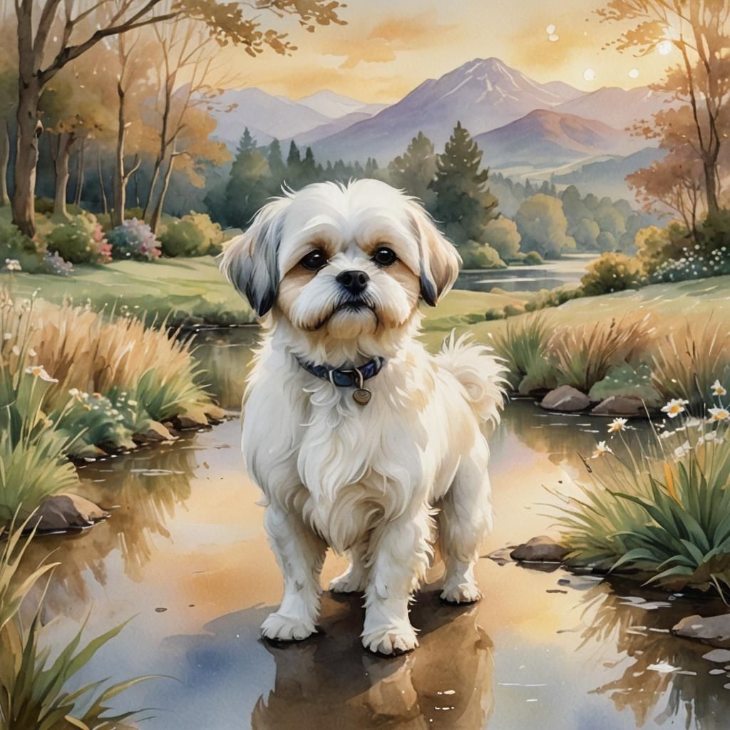 Dreamy Watercolor Pet Portrait of White Shih Tzu