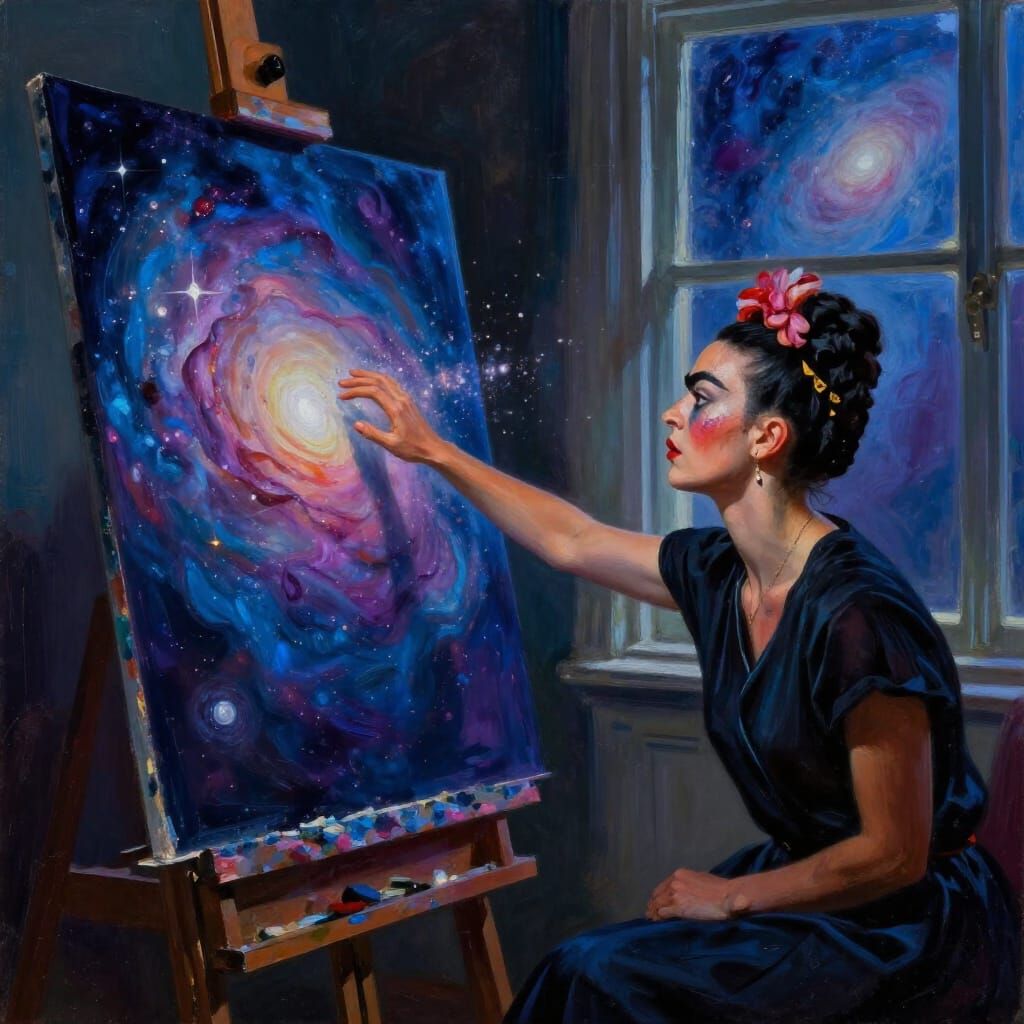 Artist Merges with Cosmic Galaxy Painting