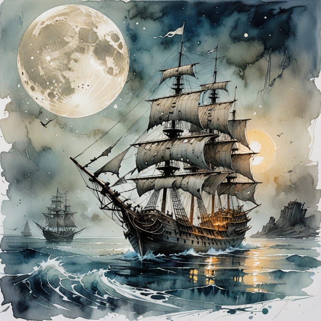 Surreal Moonlit Pirateship in Ethereal Watercolour Style