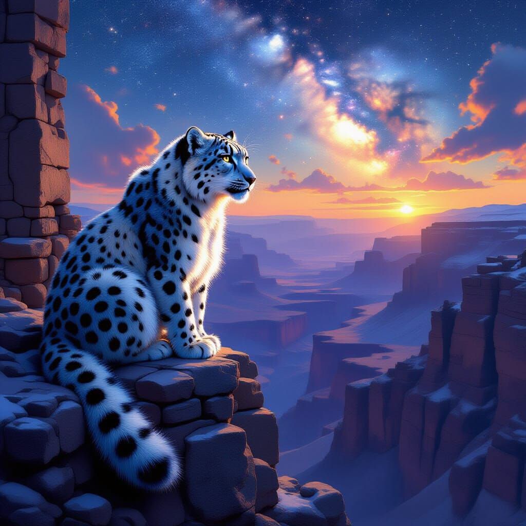 Snow Leopard Overlooking Starry Canyon