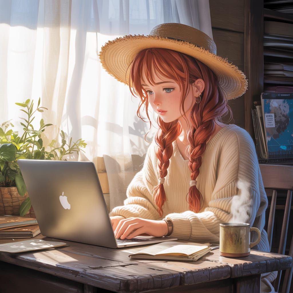 Anime Style Image of Nomad Girl with Laptop