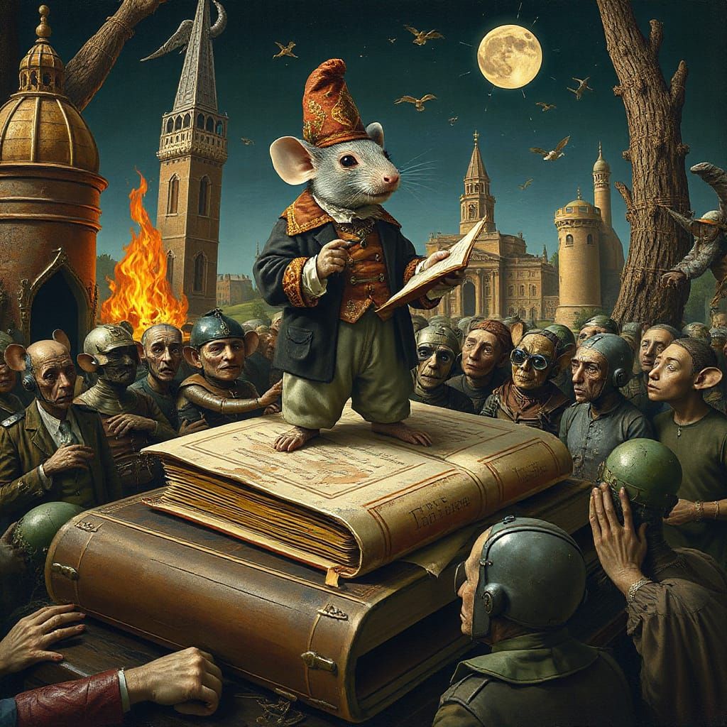 Victorian Mouse Lectures Future in Surreal Dreamscape