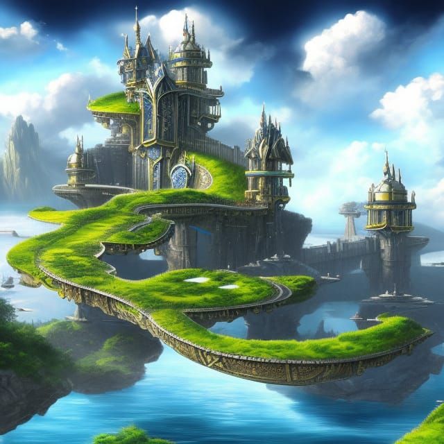 Majestic Futuristic Castle on Island Digital Painting