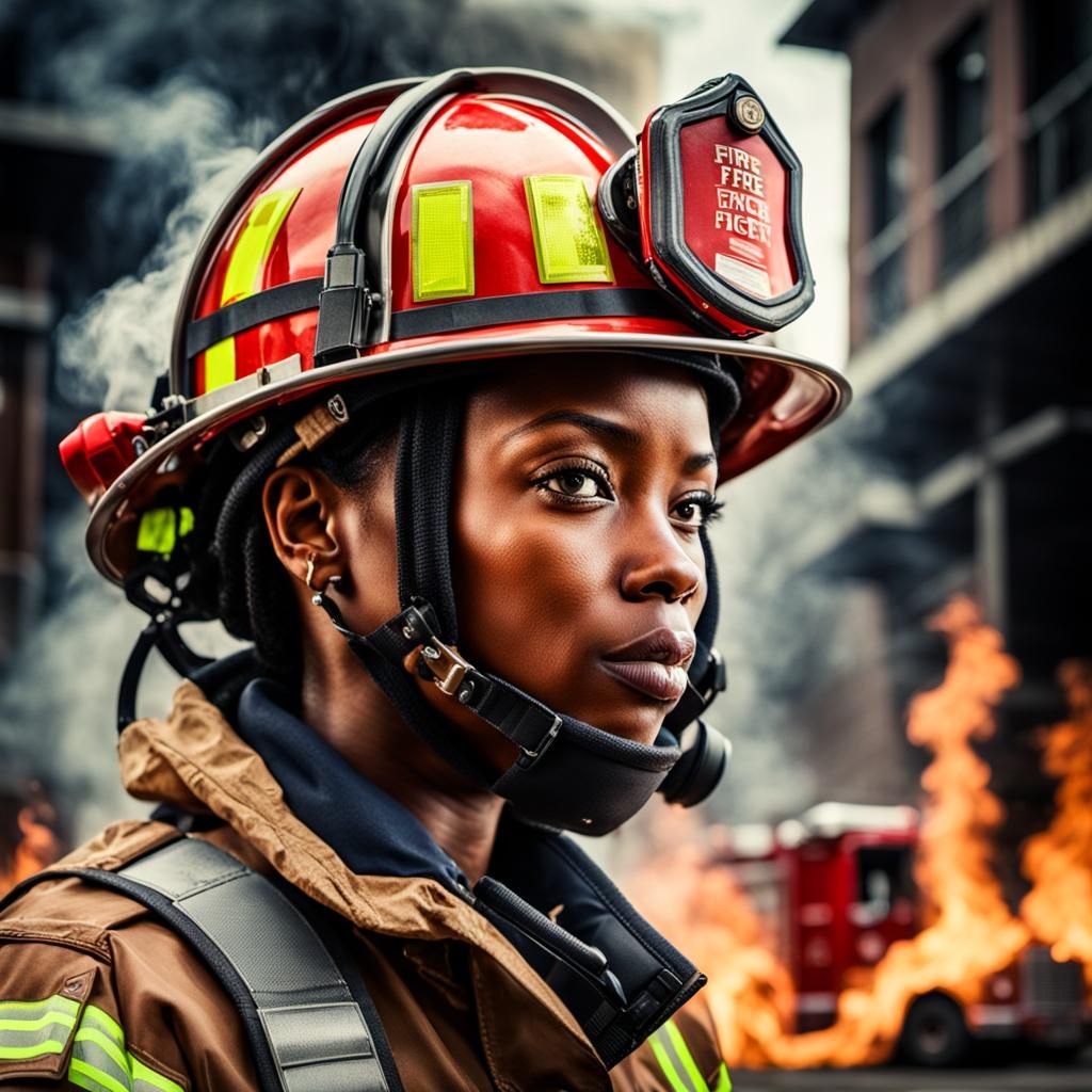 African American Woman Firefighter Portrait in HDR