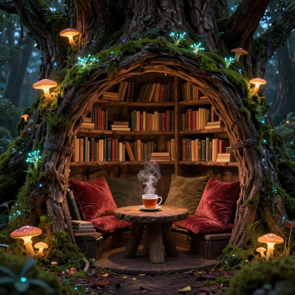 Enchanted Tree Trunk Library With Magical Reading Nook