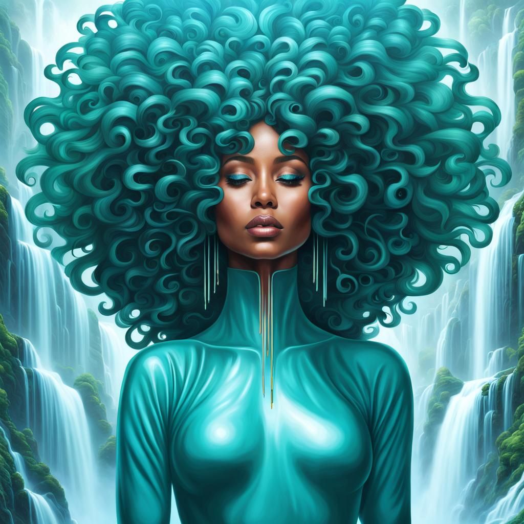 Surreal Afro Woman with Waterfall Brain City