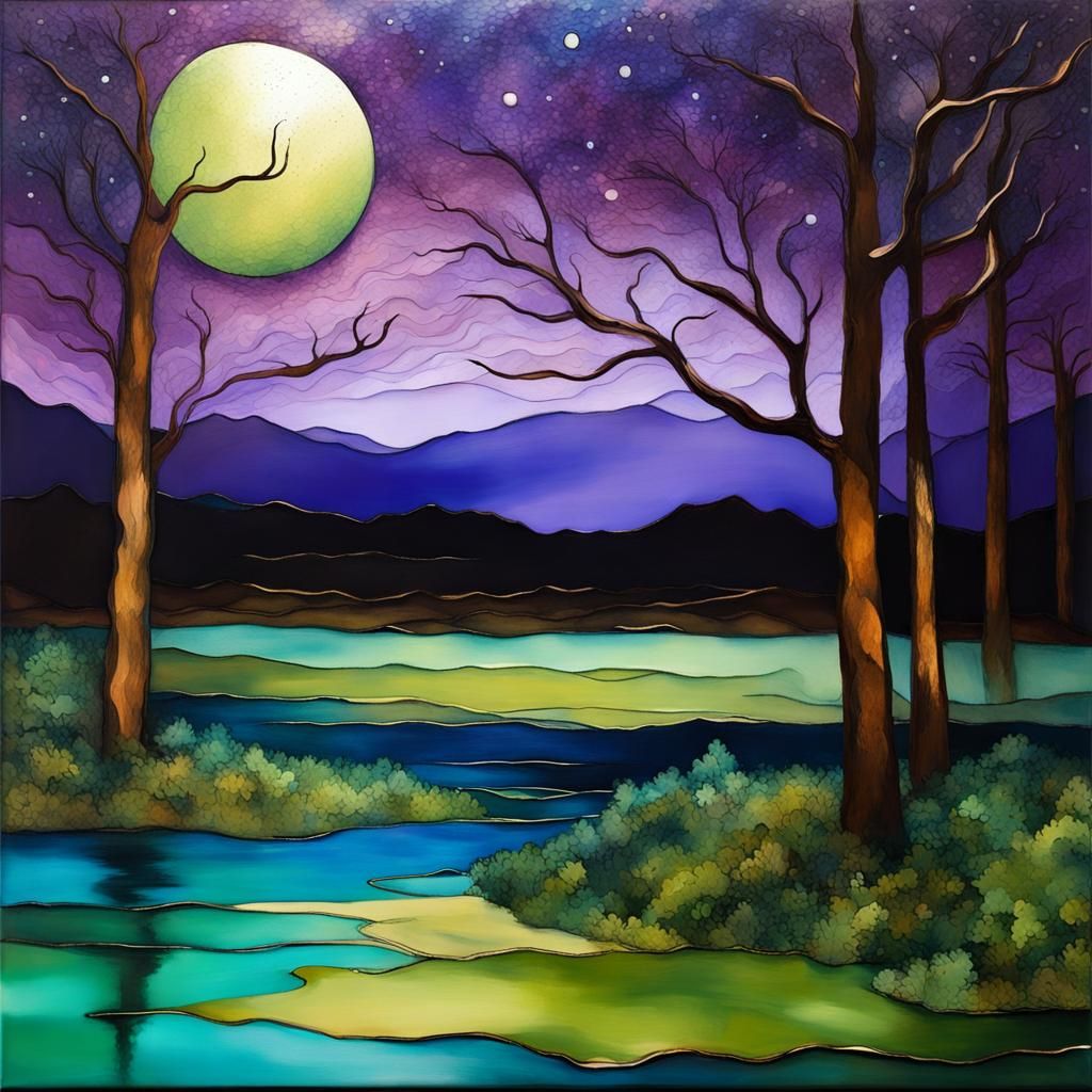 Starry Twilight Over Oak Forest in Neo-Impressionism