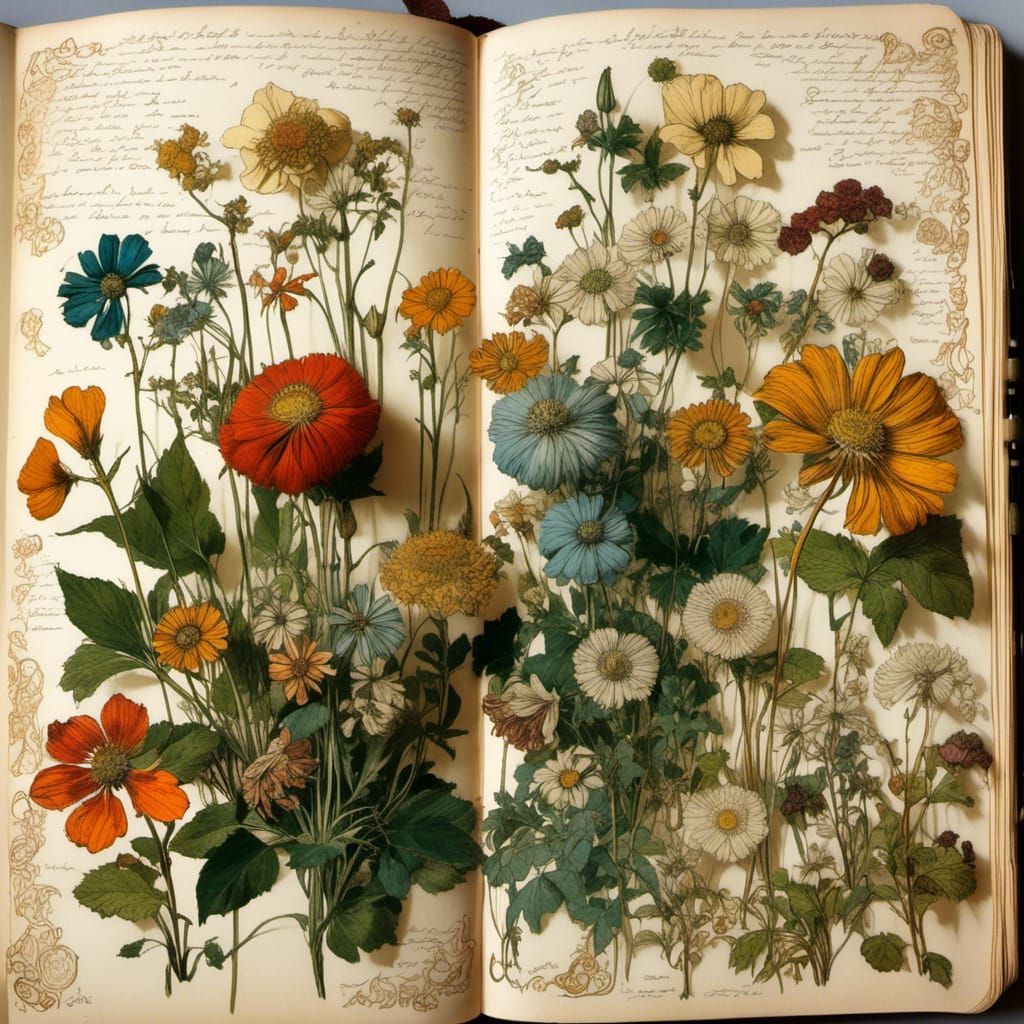 Vintage Sketchbook with Flower Drawings
