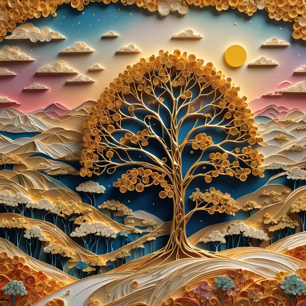 Gold Paper Tree on Hill: Minimal Quilling Art