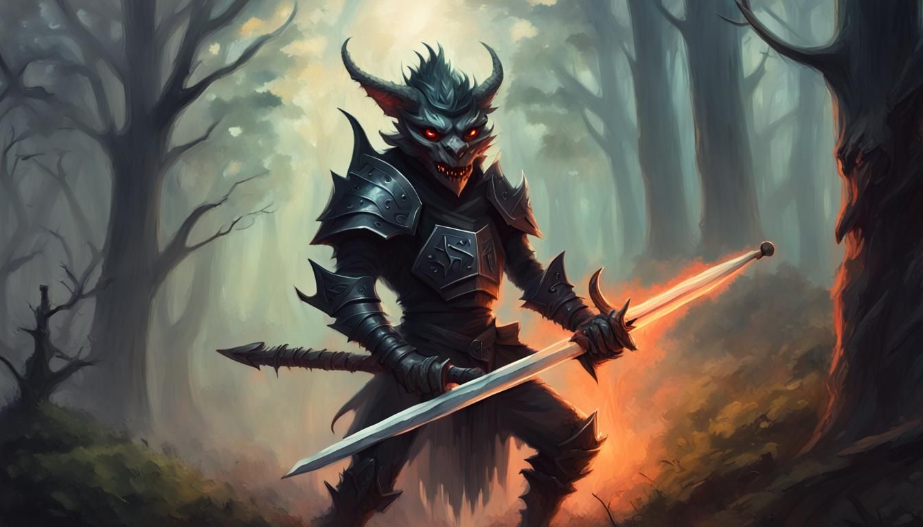 Dark Fantasy Kobold with Demon Head in Mysterious Forest