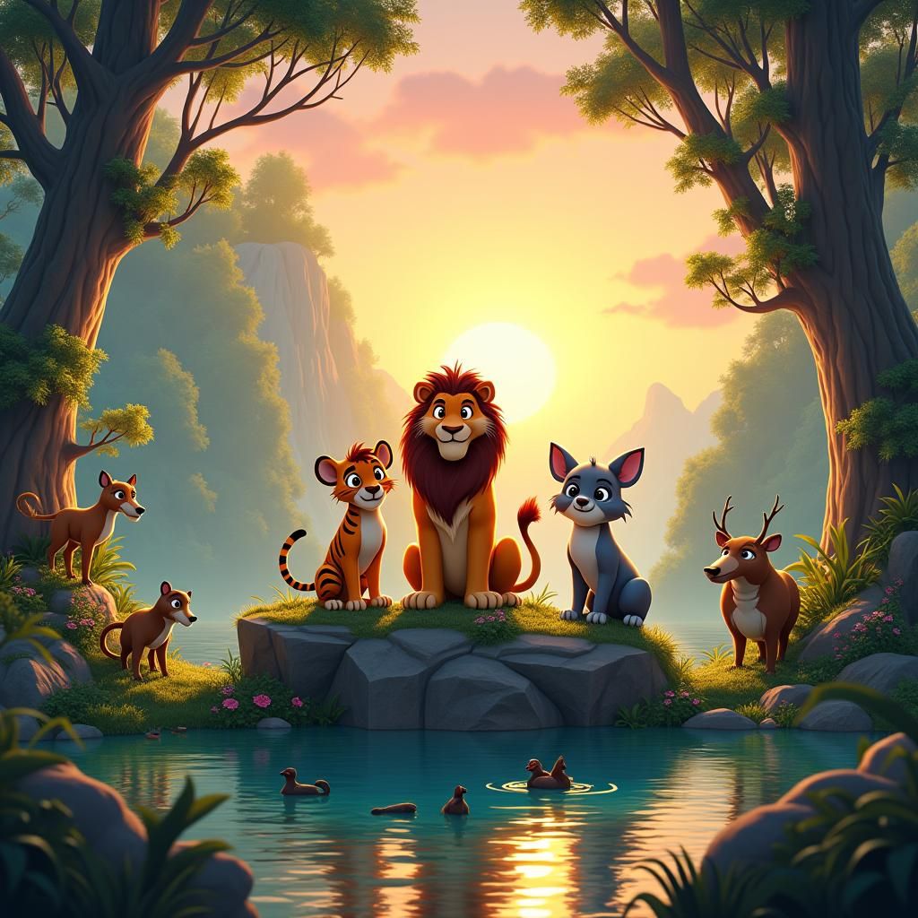 Animal Friends Gathering in Jungle Landscape