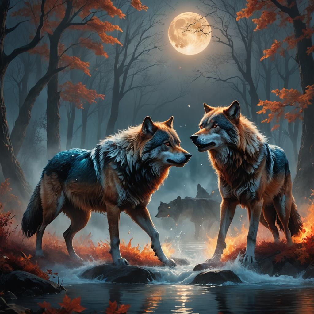 Wolves of Fire and Water in Autumn Clearing