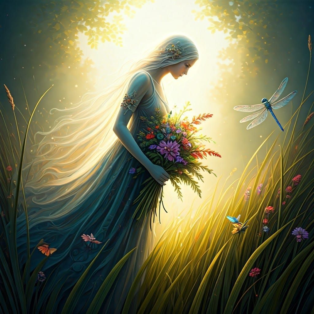 A ghost picking a bouquet of wild herbs & flowers