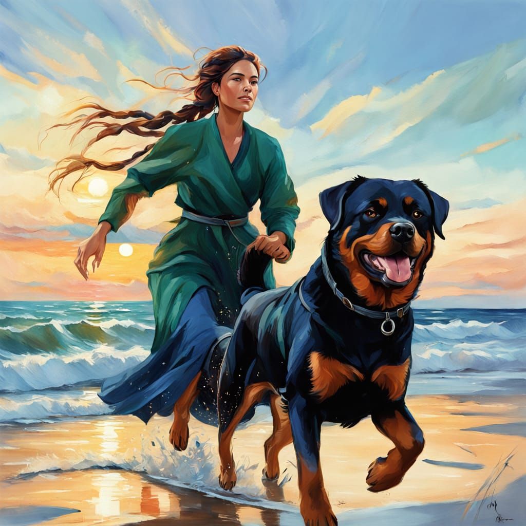 Young Woman and Rottweiler Run Along the Beach in Vibrant Oi...