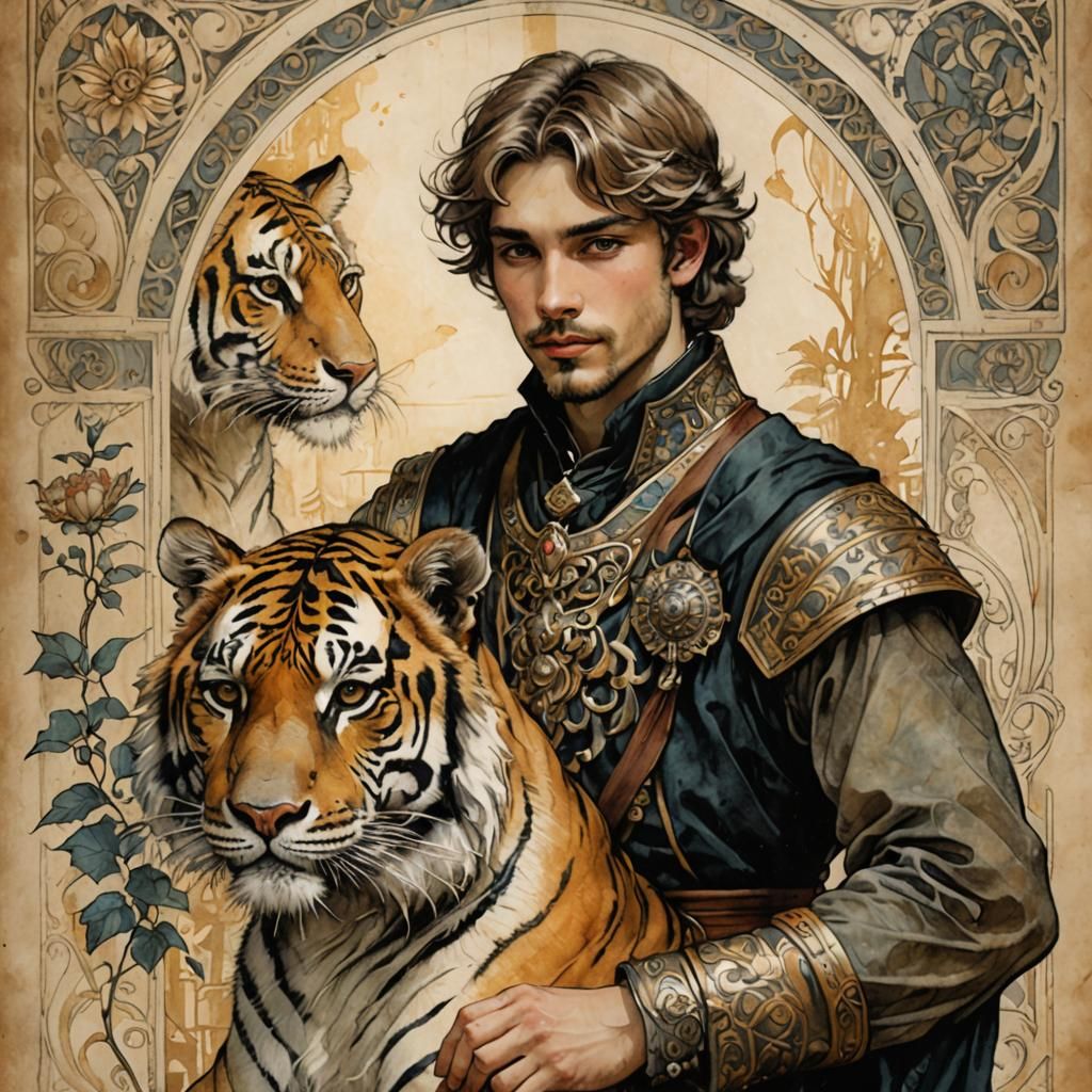 Prince and Tiger Portrait in Alphonse Mucha Style