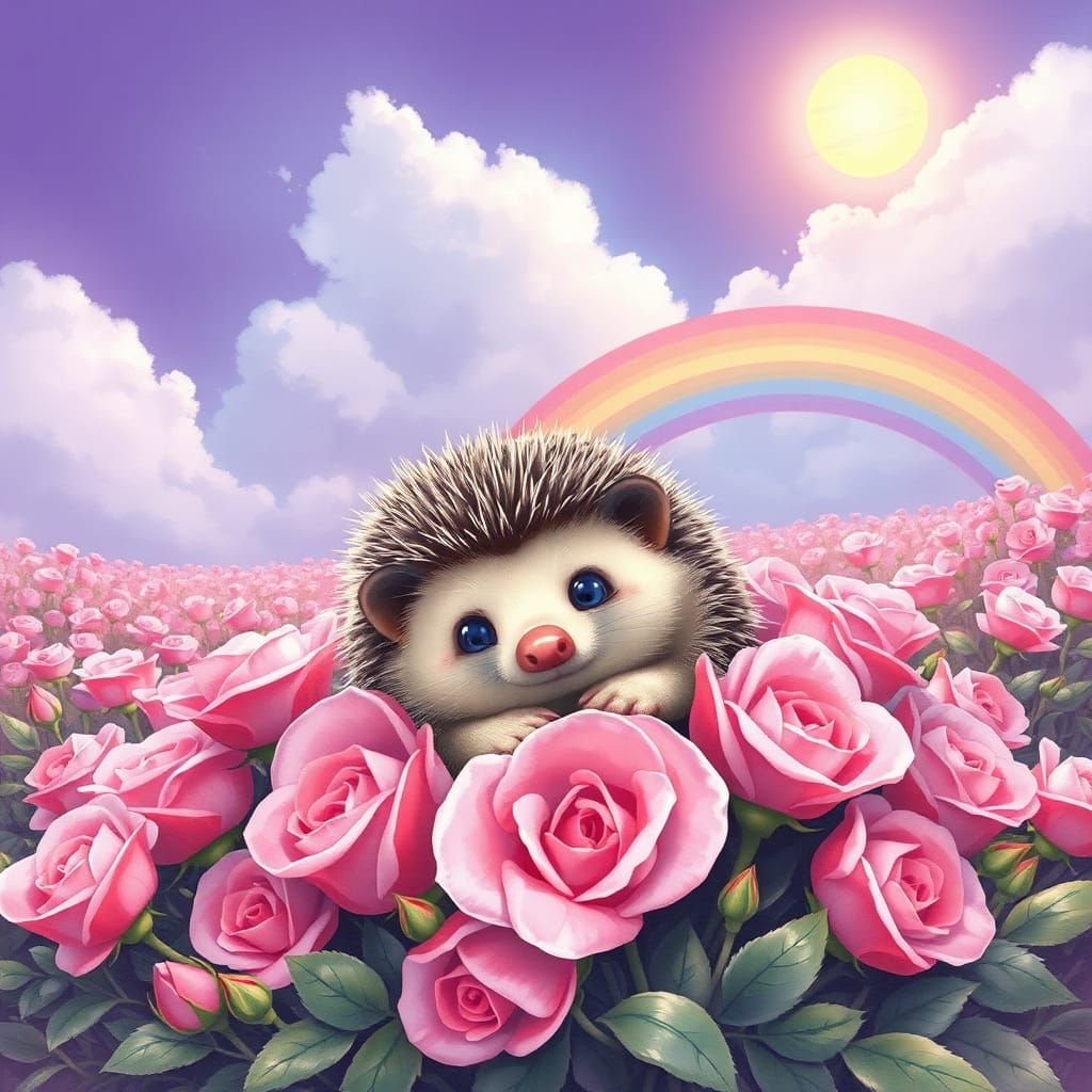Hedgehog in Rose Garden, Whimsical Digital Art