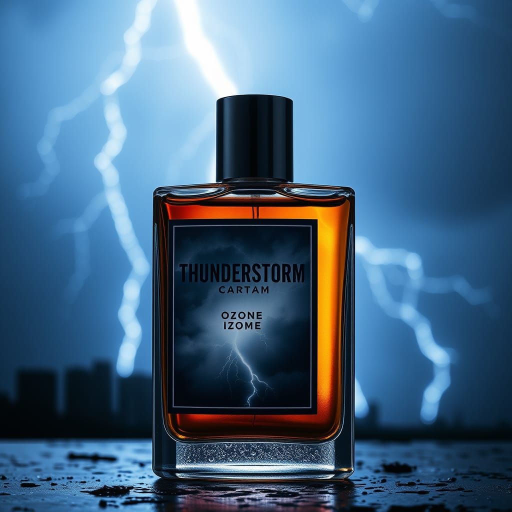 Electric Storm Cologne Bottle in Dramatic Film-Still Style