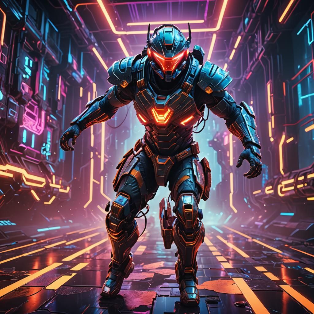 Futuristic Warrior in Treacherous Neon Virtual World