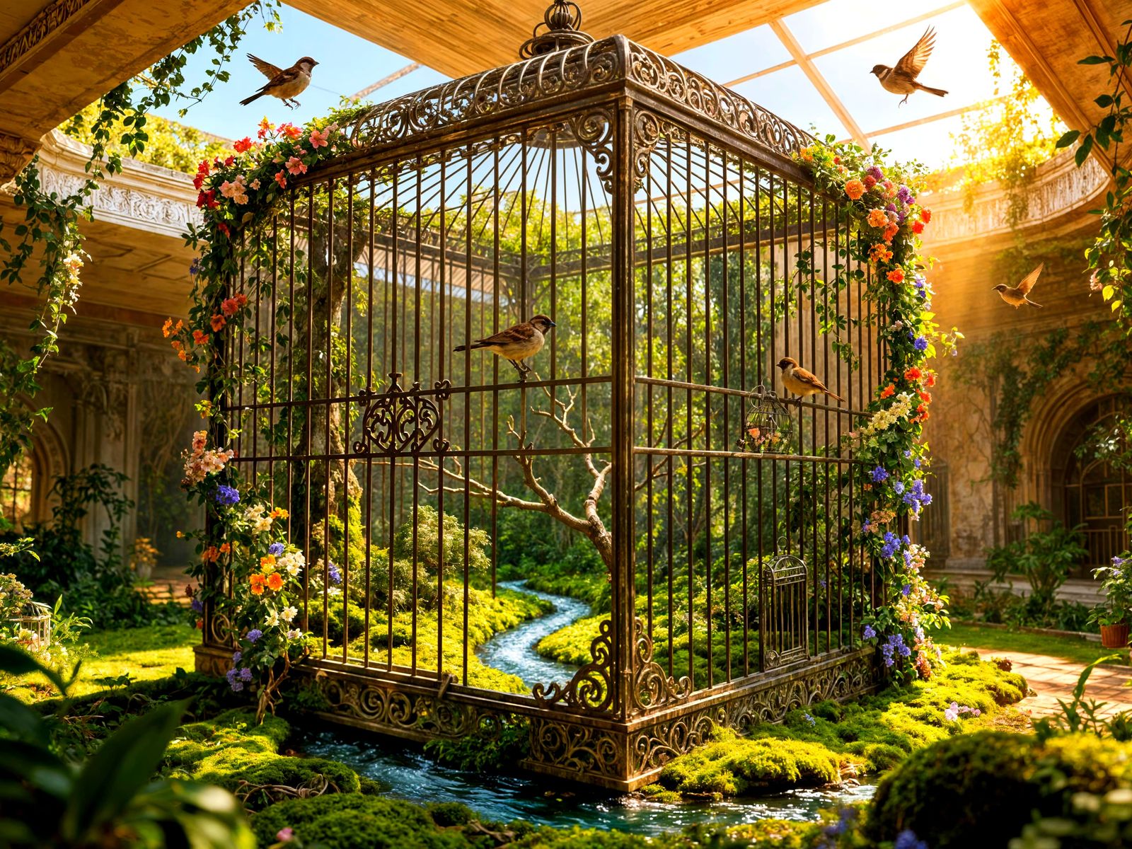 Giant Birdcage Sanctuary With Miniature Forest