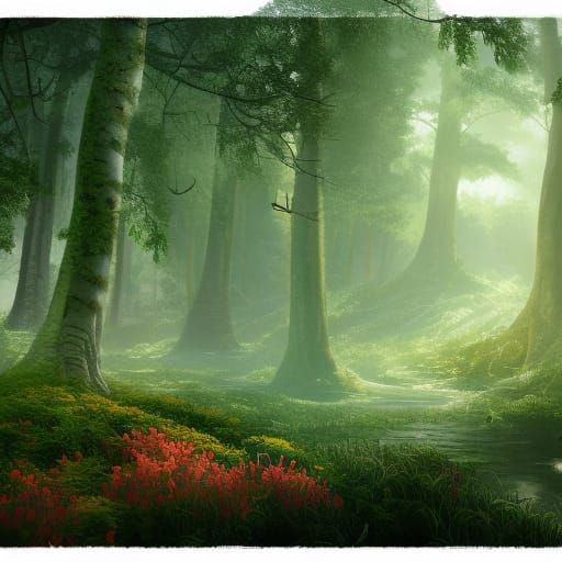 Lush Forest Clearing: Detailed Fantasy Matte Painting