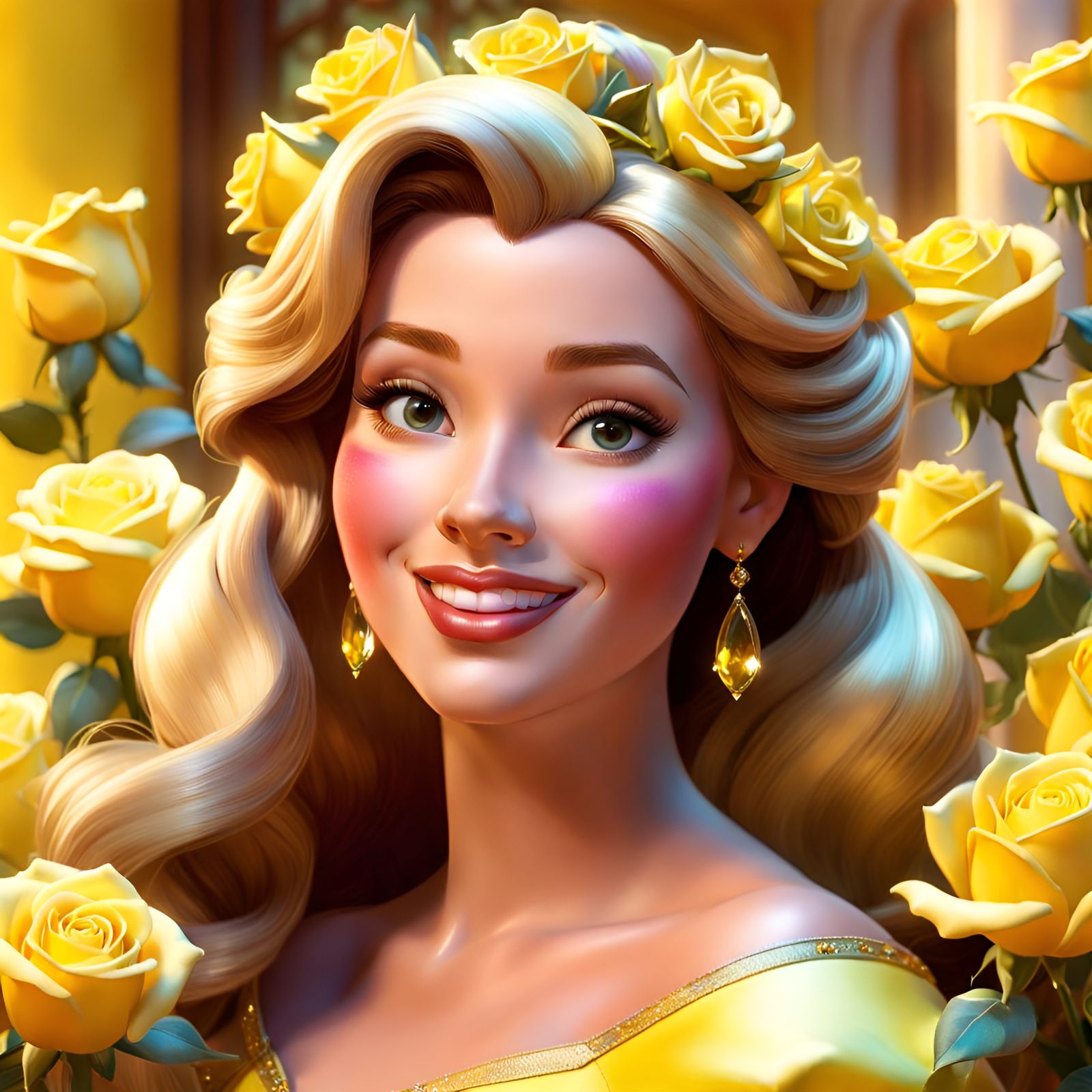 Radiant Princess Belle Surrounded by Roses in 3D