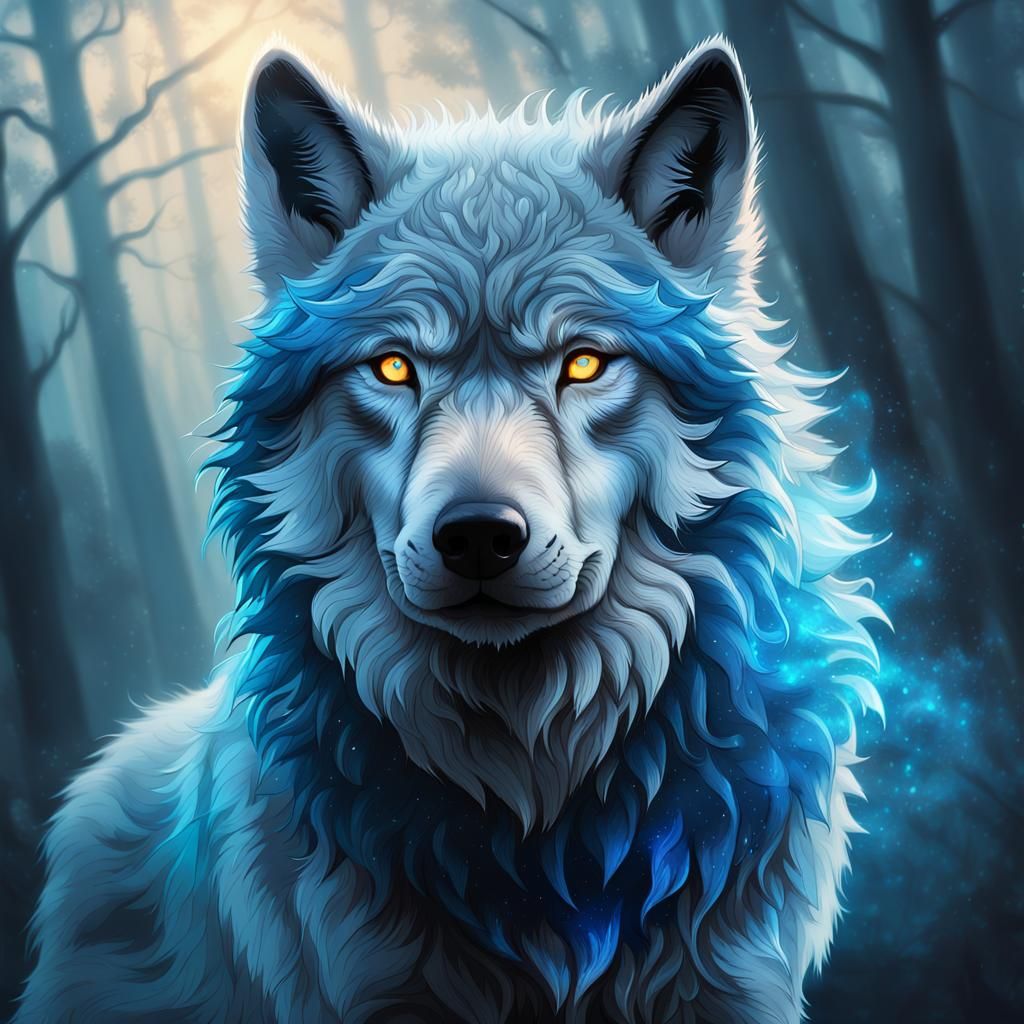 Glowing Direwolf in Mystical Misty Landscape