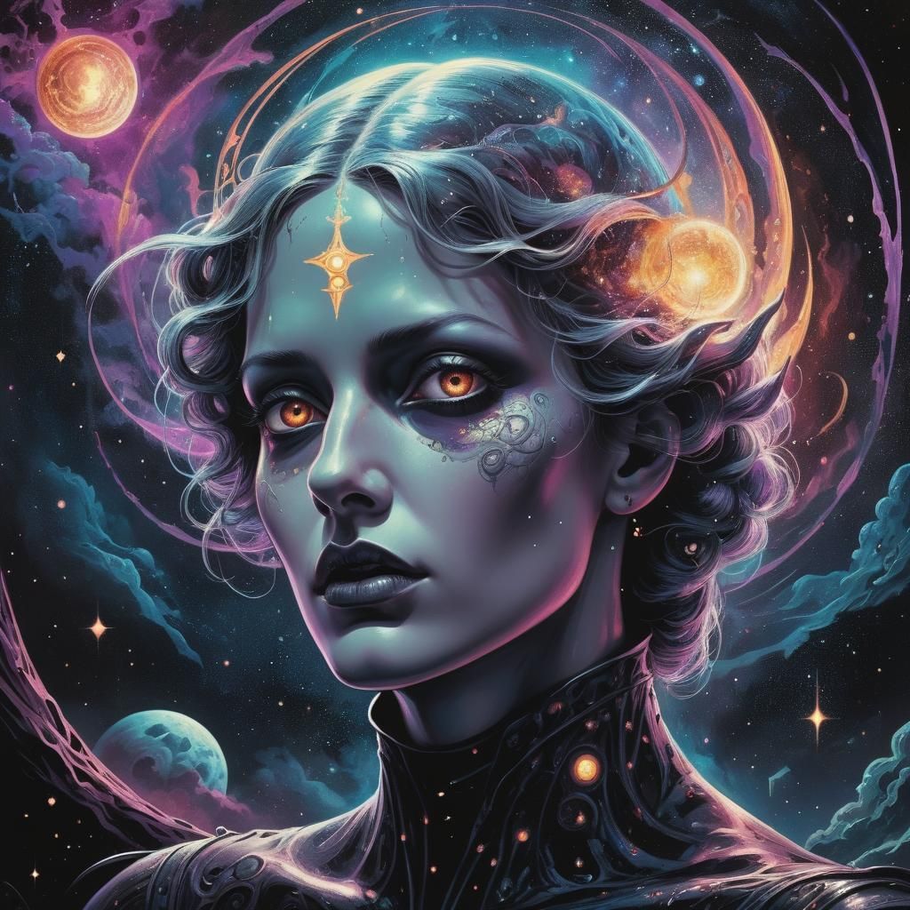 Dark Gothic Sci-Fi Painting in Virgil Finlay Style