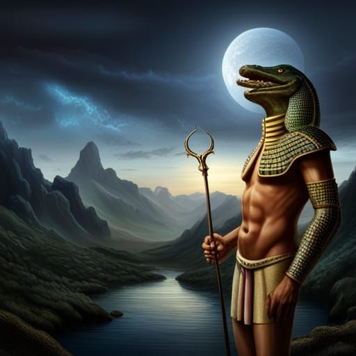 Egyptian Crocodile God Sobek with Snake Staff