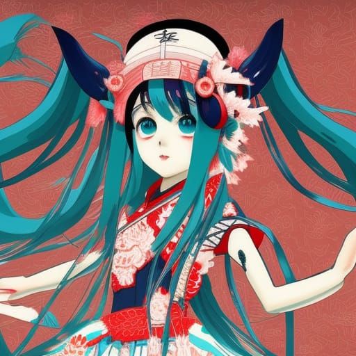 Hatsune Miku in Ukiyo-e Style Illustration